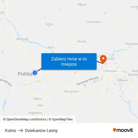 Kutno to Dziekanów Leśny map