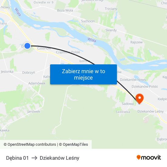 Dębina 01 to Dziekanów Leśny map