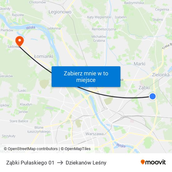 Ząbki Pułaskiego 01 to Dziekanów Leśny map