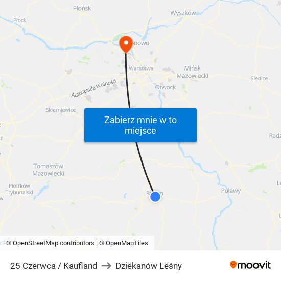 25 Czerwca / Kaufland to Dziekanów Leśny map