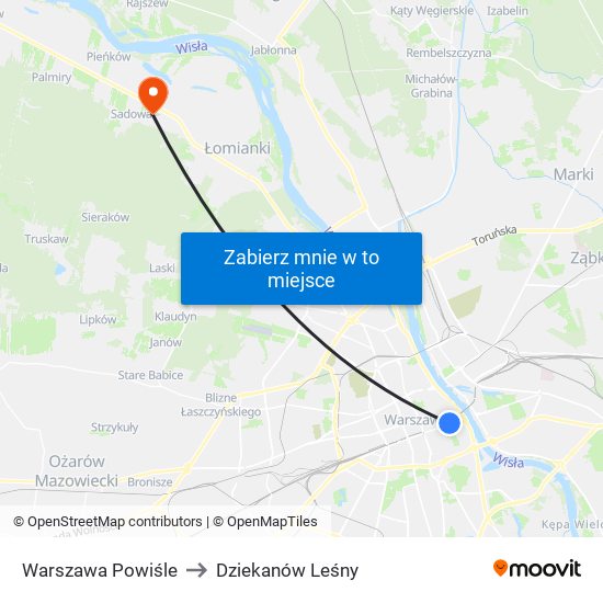 Warszawa Powiśle to Dziekanów Leśny map