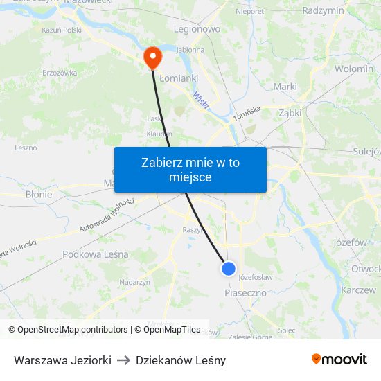 Warszawa Jeziorki to Dziekanów Leśny map