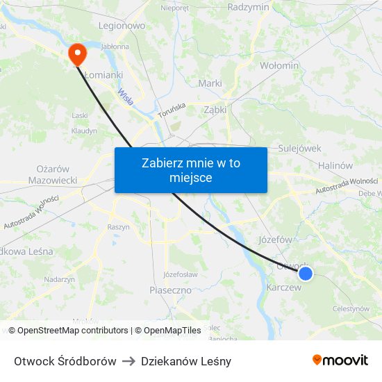 Otwock Śródborów to Dziekanów Leśny map