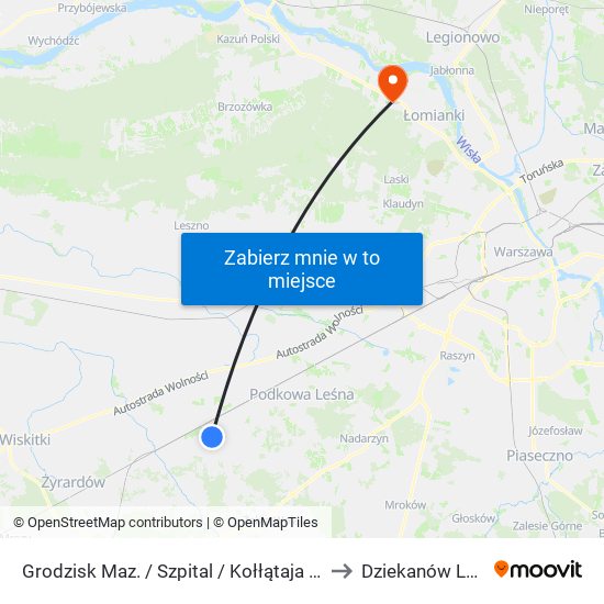 Grodzisk Maz. / Szpital / Kołłątaja 01 (Nż) to Dziekanów Leśny map