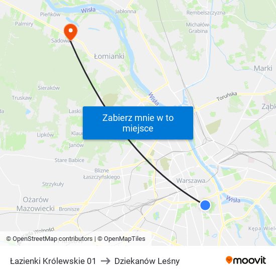 Łazienki Królewskie to Dziekanów Leśny map