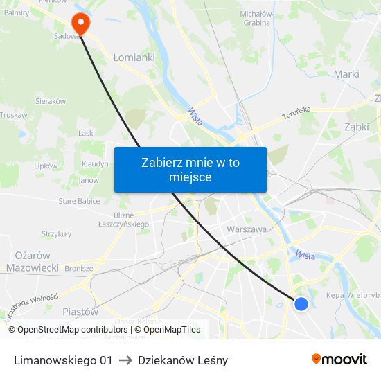 Limanowskiego to Dziekanów Leśny map