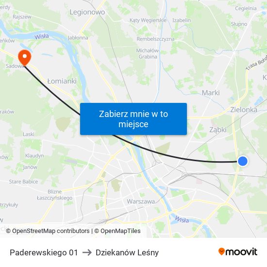 Paderewskiego 01 to Dziekanów Leśny map