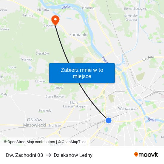 Dw. Zachodni 03 to Dziekanów Leśny map