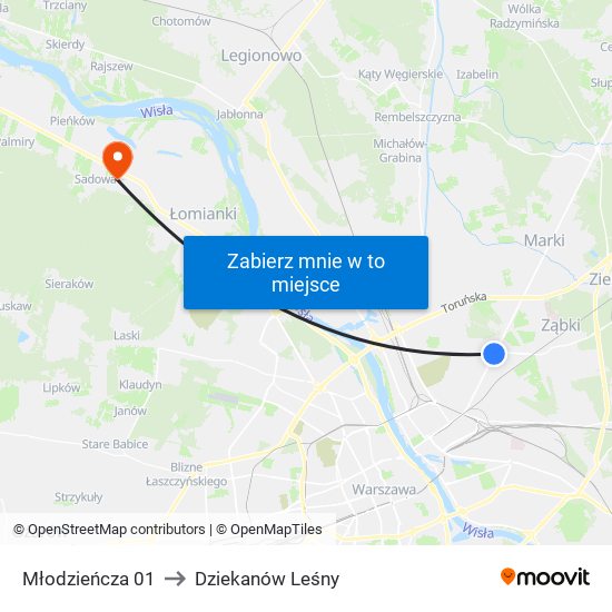 Młodzieńcza 01 to Dziekanów Leśny map