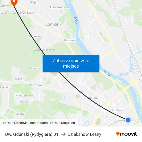 Dw. Gdański (Rydygiera) 01 to Dziekanów Leśny map
