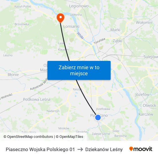 Piaseczno Wojska Polskiego 01 to Dziekanów Leśny map