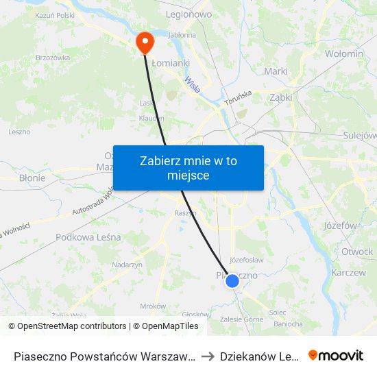 Piaseczno Powstańców Warszawy to Dziekanów Leśny map