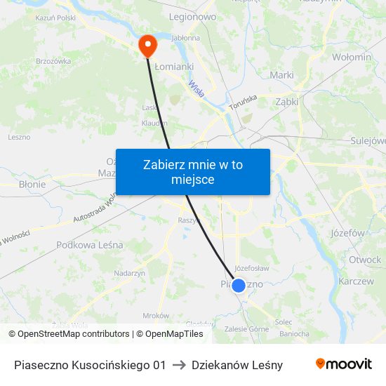 Piaseczno Kusocińskiego 01 to Dziekanów Leśny map