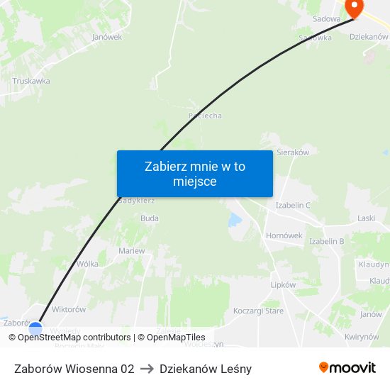 Zaborów Wiosenna 02 to Dziekanów Leśny map