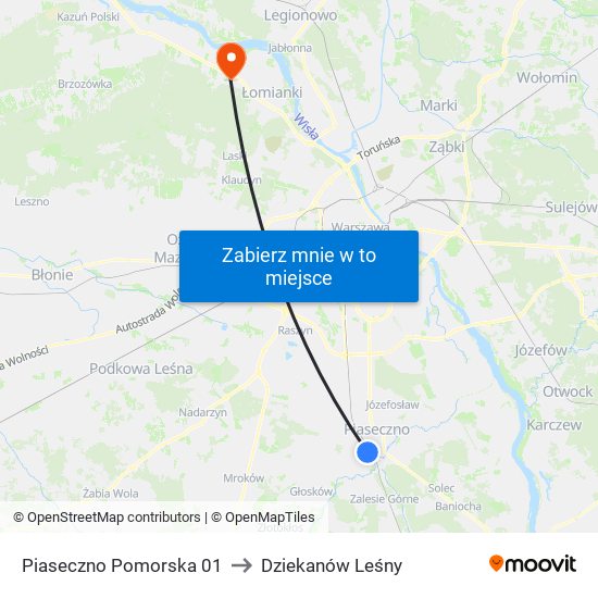 Piaseczno Pomorska 01 to Dziekanów Leśny map