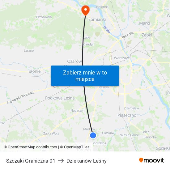 Szczaki Graniczna 01 to Dziekanów Leśny map