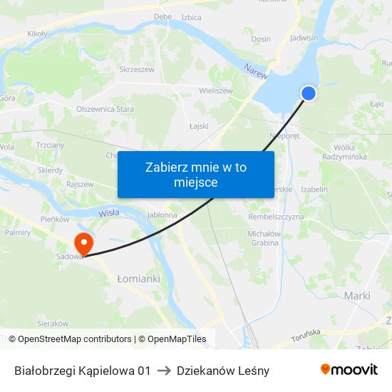 Białobrzegi Kąpielowa to Dziekanów Leśny map