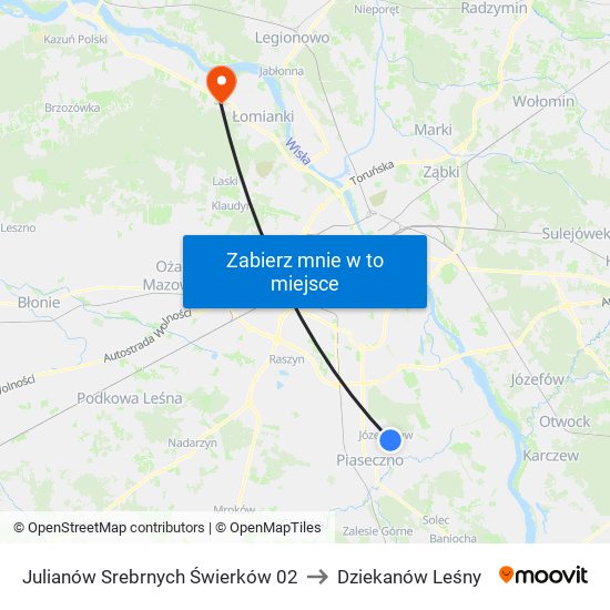 Julianów Srebrnych Świerków 02 to Dziekanów Leśny map