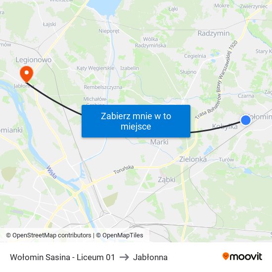 Wołomin Sasina-Liceum to Jabłonna map