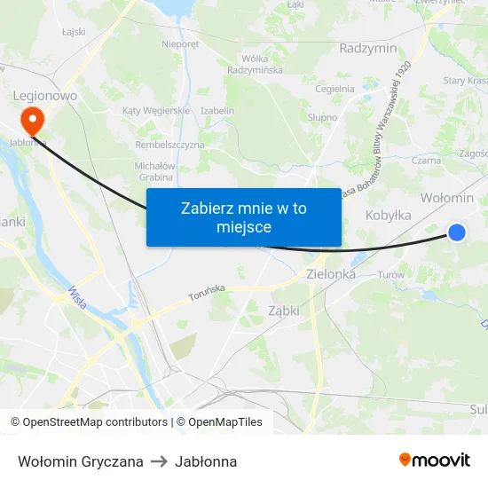 Wołomin Gryczana to Jabłonna map