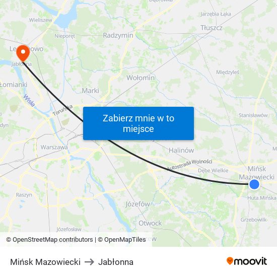 Mińsk Mazowiecki to Jabłonna map