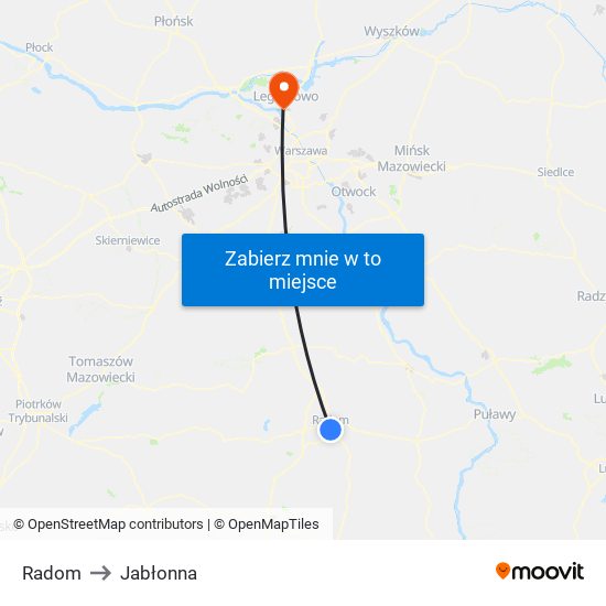 Radom to Jabłonna map