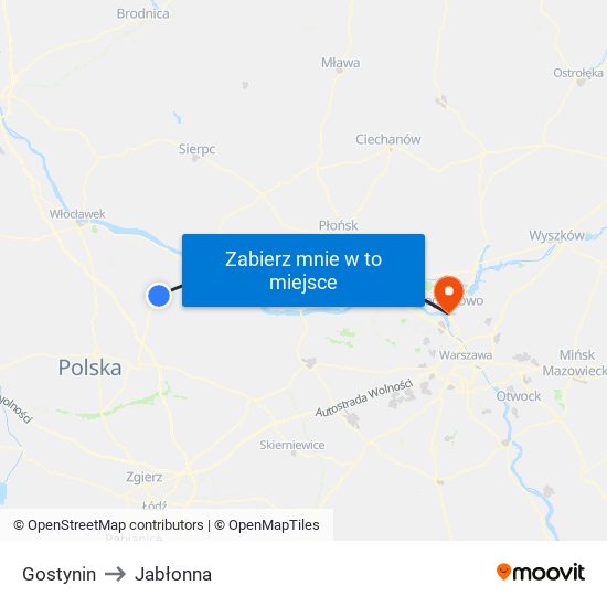 Gostynin to Jabłonna map