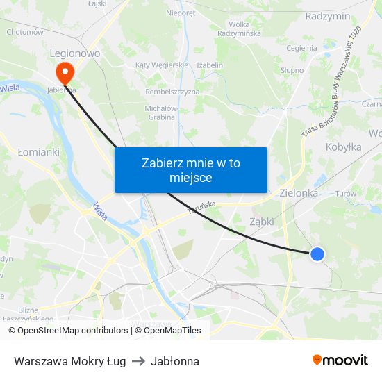 Warszawa Mokry Ług to Jabłonna map