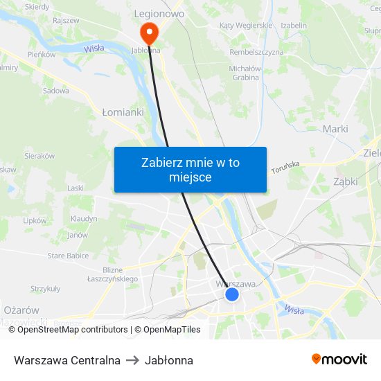 Warszawa Centralna to Jabłonna map