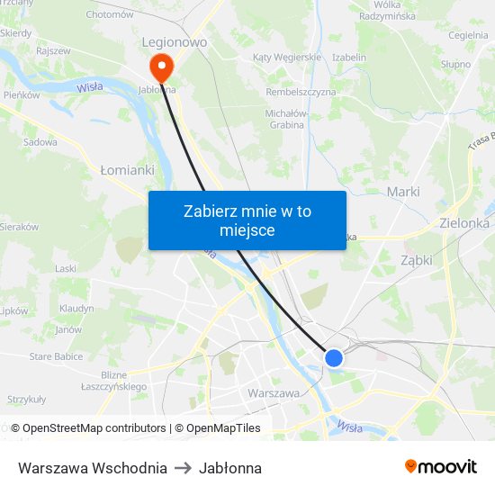 Warszawa Wschodnia to Jabłonna map