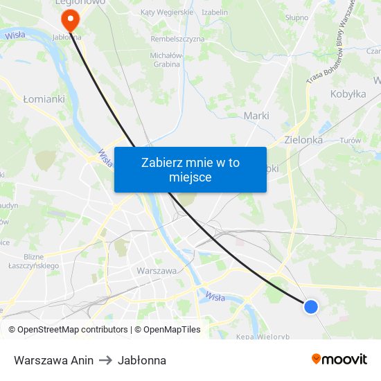 Warszawa Anin to Jabłonna map