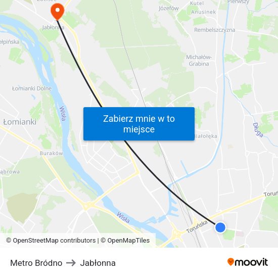 Metro Bródno to Jabłonna map