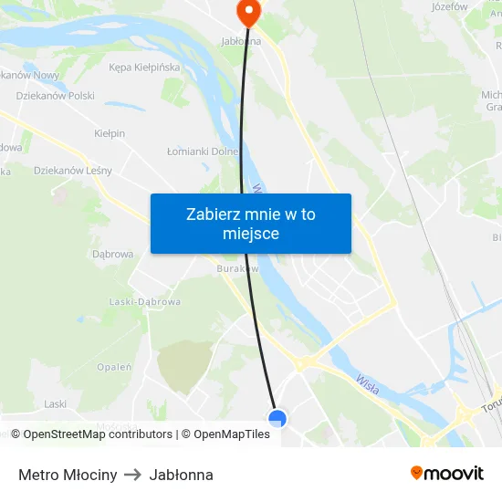 Metro Młociny to Jabłonna map