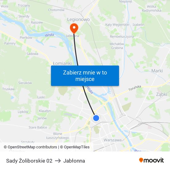 Sady Żoliborskie to Jabłonna map