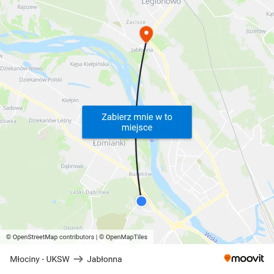 Młociny - UKSW to Jabłonna map