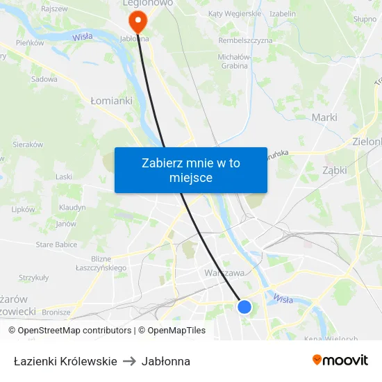Łazienki Królewskie to Jabłonna map