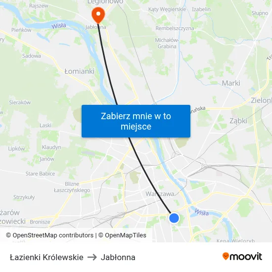 Łazienki Królewskie to Jabłonna map