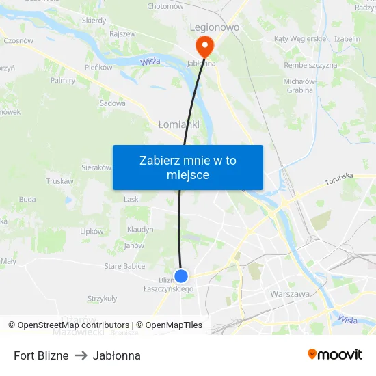 Fort Blizne to Jabłonna map