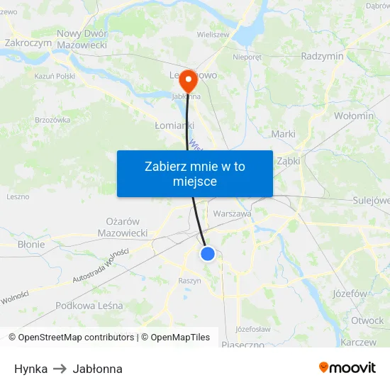 Hynka to Jabłonna map