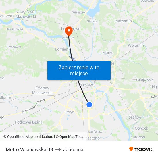 Metro Wilanowska to Jabłonna map