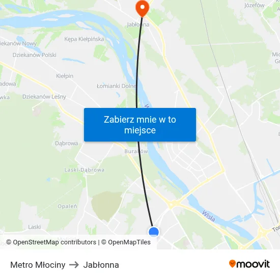 Metro Młociny to Jabłonna map