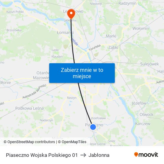 Piaseczno Wojska Polskiego to Jabłonna map