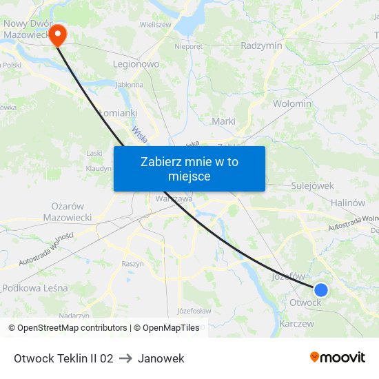 Otwock Teklin II to Janowek map