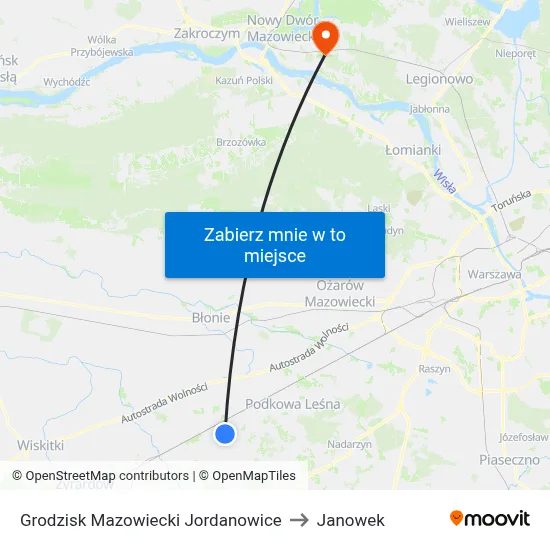 Grodzisk Mazowiecki Jordanowice to Janowek map