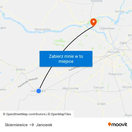 Skierniewice to Janowek map