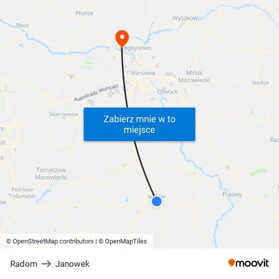 Radom to Janowek map