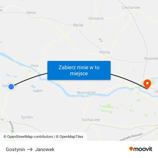 Gostynin to Janowek map