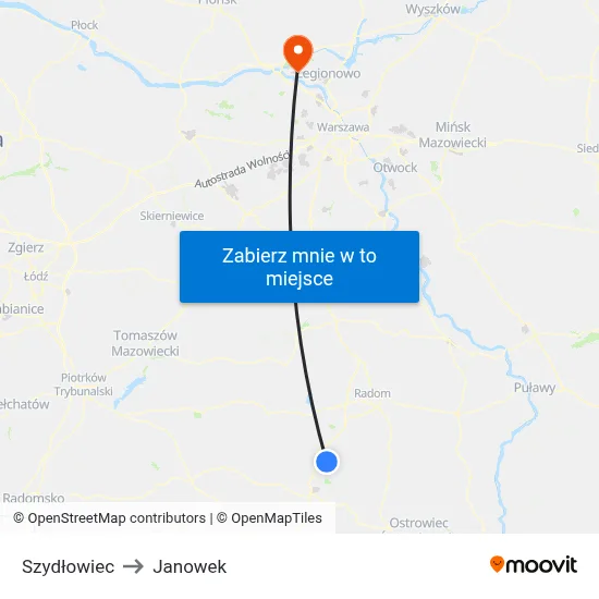 Szydłowiec to Janowek map