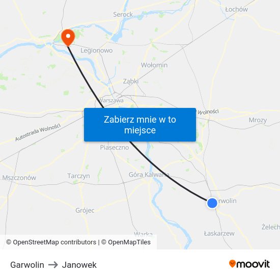 Garwolin to Janowek map