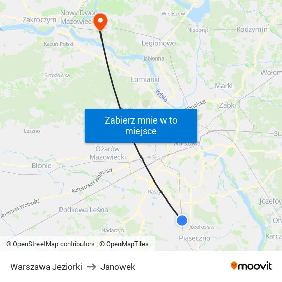 Warszawa Jeziorki to Janowek map